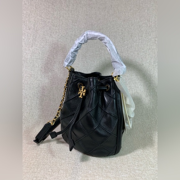 Tory Burch Soft Fleming Small Bucket Bag Black Quilted Leather Crossbody - Picture 3 of 16